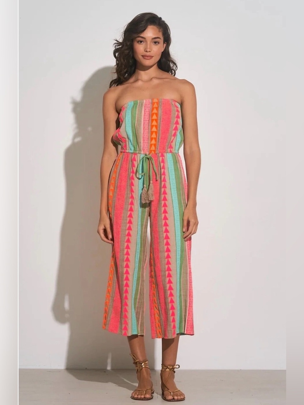 Like new Elan Caro Jumper Strapless Jumpsuit in Neon Multi Stripe, Size medium